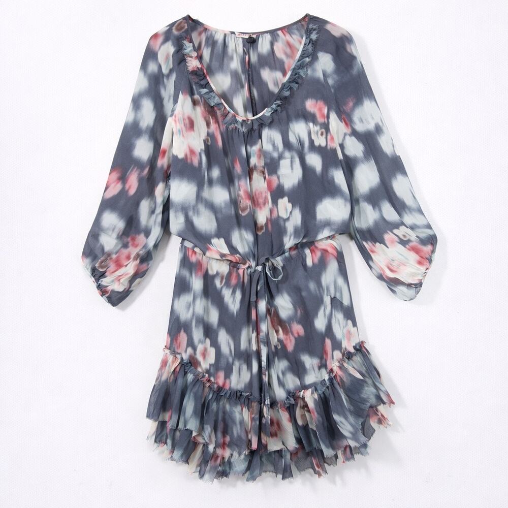 Rebecca Taylor Silk Floral Ruffle Hem Dress Gray Pink Tie Waist Long Sleeve 100%